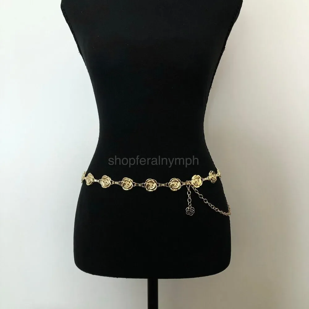 Vintage Y2K Coquette Gold Rose Chain Belt, Fits 25–44 Inches, X7GA1200
